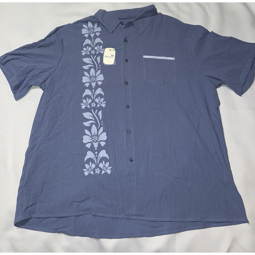 Hawaiian Royaura Linen mens 2xl Blue Button Up Short Sleeve Floral